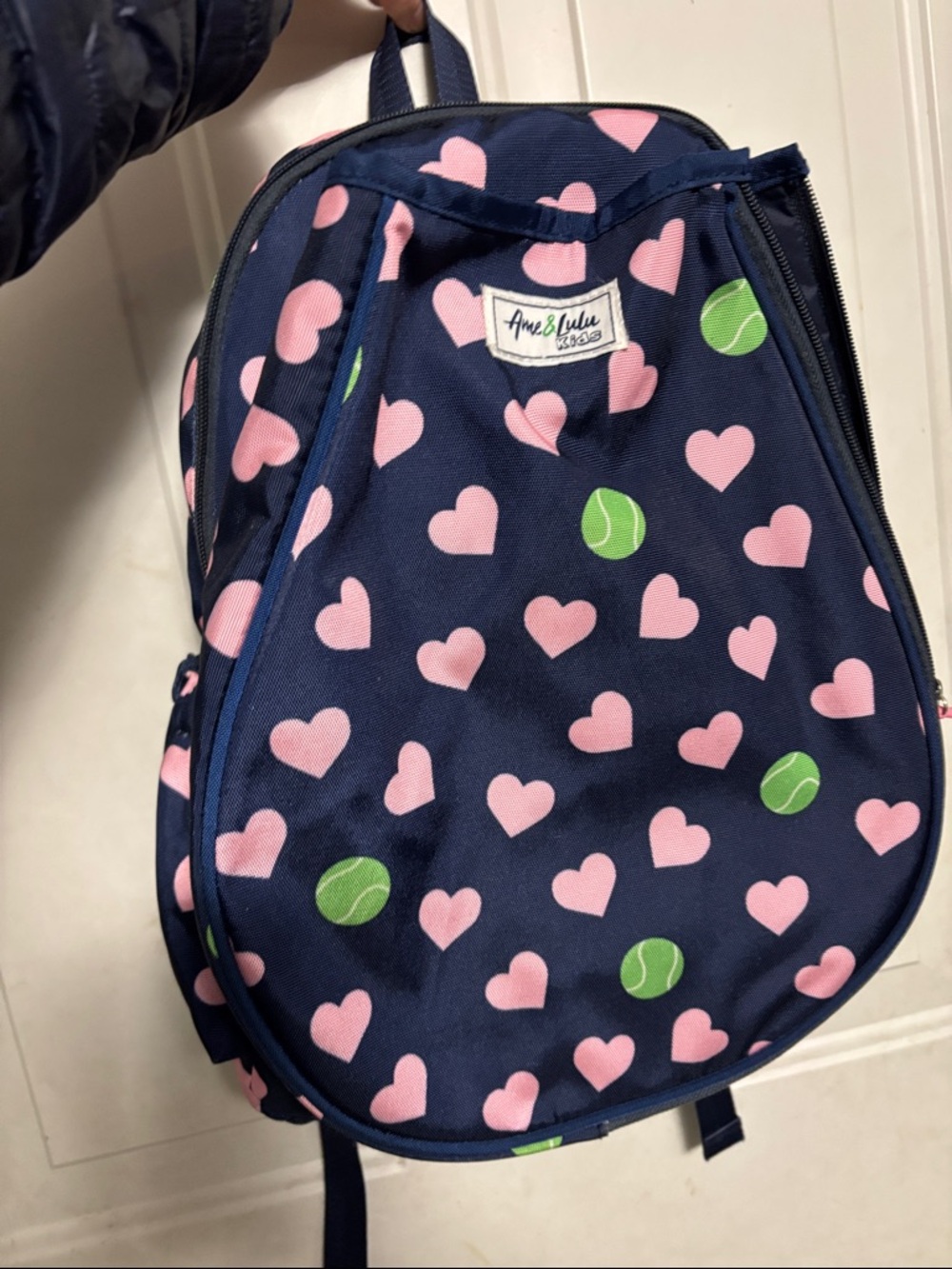 Ame & Lulu Kids Navy Tennis Backpack with Pink Hearts